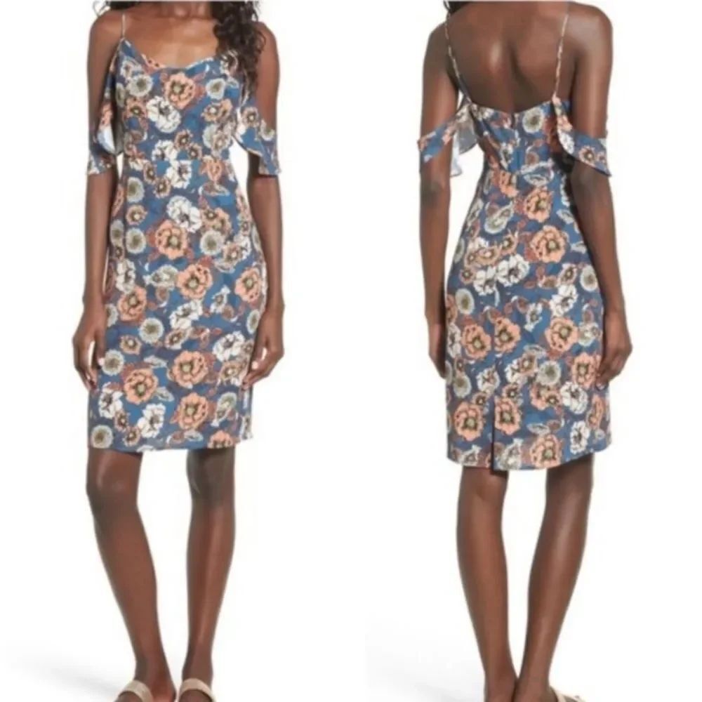 Astr The Label | Off Shoulder Drape Cami Sheath Floral Dress Blue- NWT